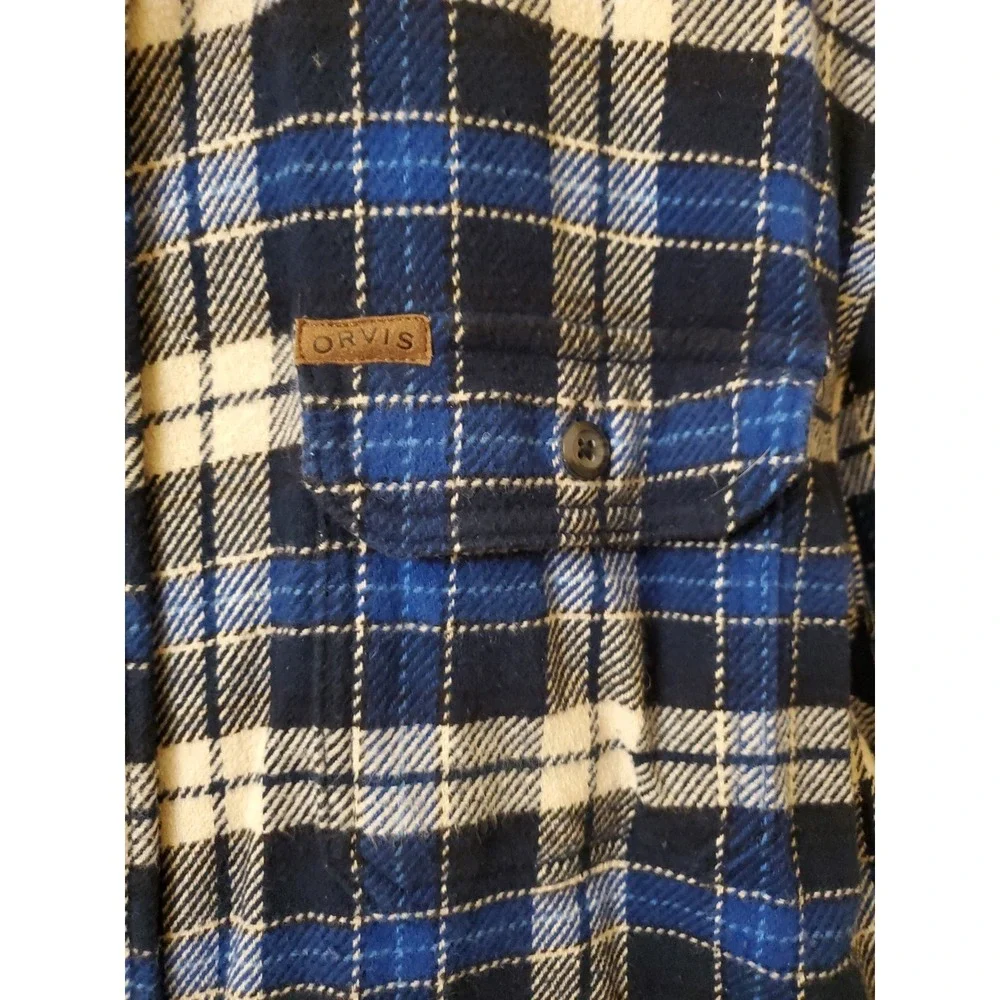Orvis Heavy Flannel Shirt Jacket Mens XL Blue Plaid Hand Pockets‎ Cotton Shacket